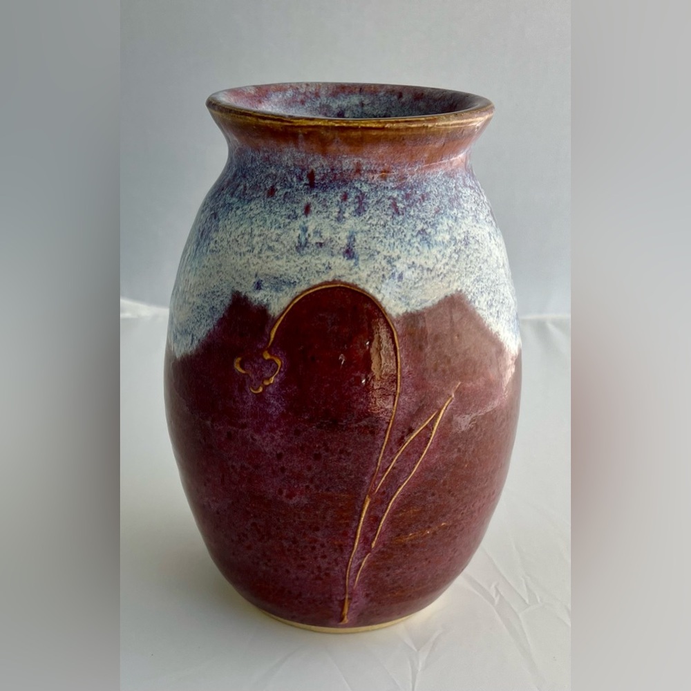 Studio Purple Handmade Pottery Vase Drip Glaze - Signed 'Vicki' 7.25”